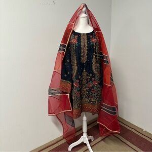 Heavy Embroidered Navy Blue Formal Outfit with Red Dupatta